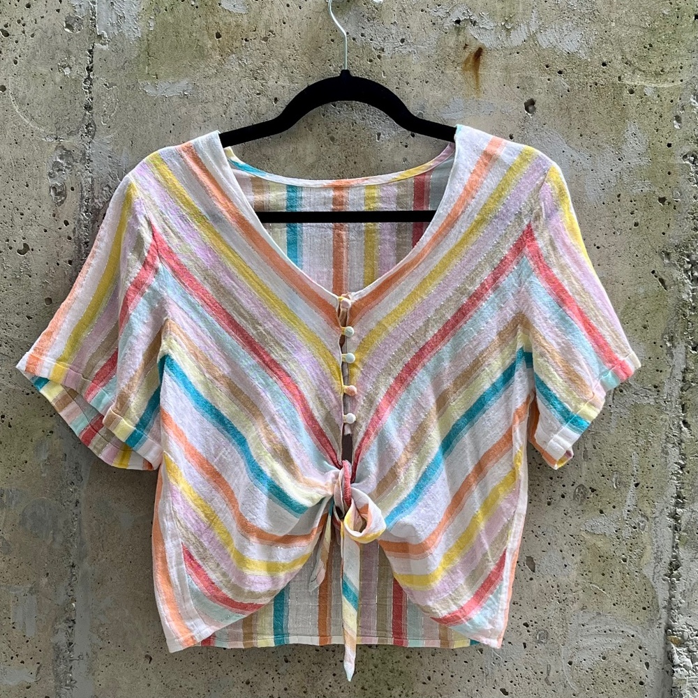Vintage Striped Tie Front Shirt, Cropped, Colourful Cotton, Small